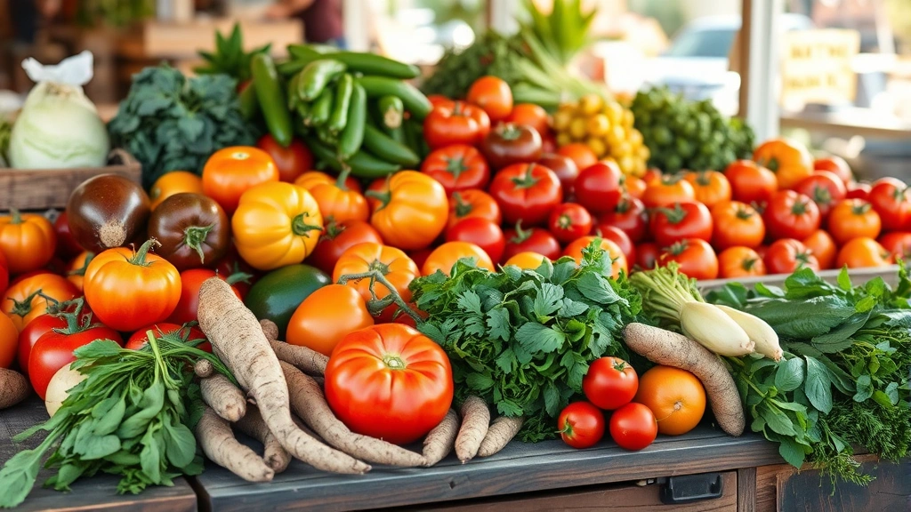 Vibrant farmers market display of heirloom tomatoes, root vegetables, and fresh herbs arranged on rustic wooden table, natural sunlight, colorful variety, fresh produce close-up