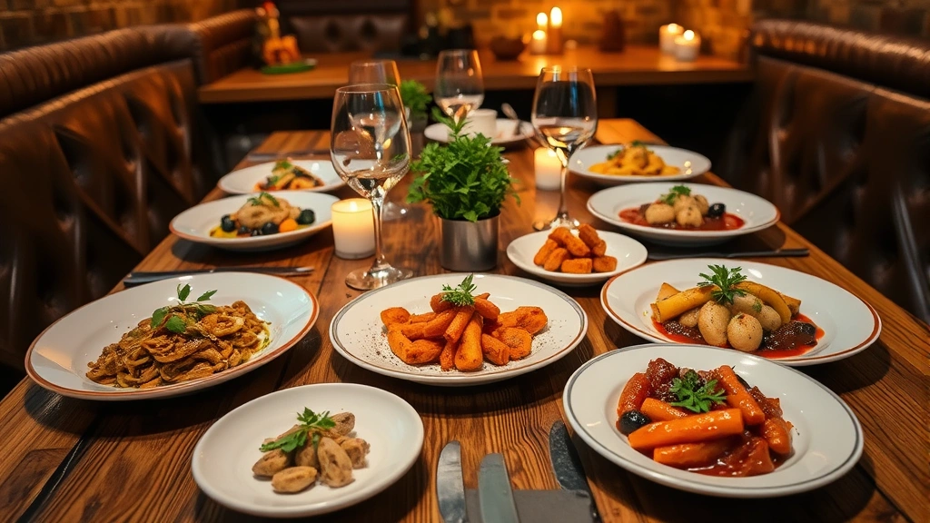 Rustic wooden table set with multiple small plates featuring different cuisines, fresh herbs garnish, wine glasses, candlelit intimate dining setting, warm overhead lighting, farm-to-table aesthetic