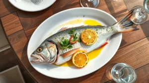 Overhead view of a pristine whole branzino fish on white ceramic plate with charred lemon halves, olive oil drizzle, and fresh herbs, coastal restaurant plating style, natural window lighting, water glasses visible at table edge