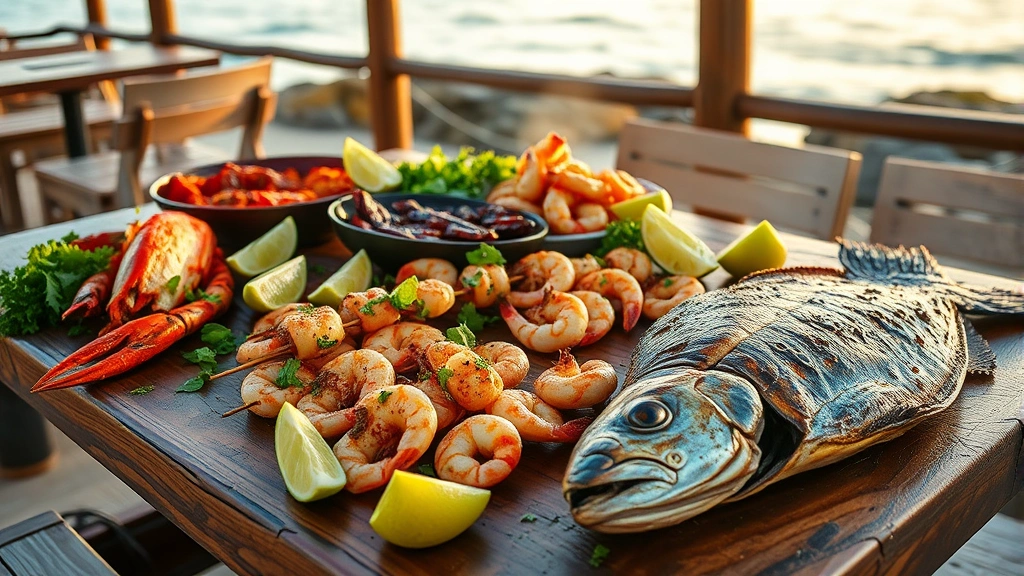 Rustic wooden table laden with grilled seafood spread including lobster tail, shrimp skewers, and whole grilled fish with charred exterior, scattered fresh herbs, lime wedges, coastal outdoor dining atmosphere, golden hour sunset lighting