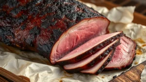 Close-up of perfectly smoked brisket with mahogany bark, sliced thick showing pink smoke ring and tender pink interior, glistening with rendered fat, placed on white butcher paper with smoke wisping above, professional food photography lighting highlighting meat texture and moisture