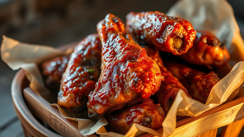 Artistic close-up of smoked chicken wings glistening with sauce, crispy skin texture visible, stacked in rustic wooden basket lined with parchment paper, sauce pooled at base, steam rising, captured with warm golden hour lighting emphasizing caramelization and gloss