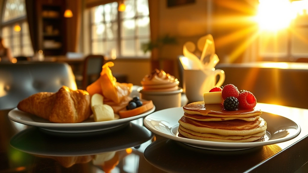 Golden-hour morning light streaming through restaurant windows onto a perfectly plated breakfast spread with fresh croissants, fluffy pancakes with melting butter, and fresh berries arranged artfully on white ceramic plates with steam rising gently