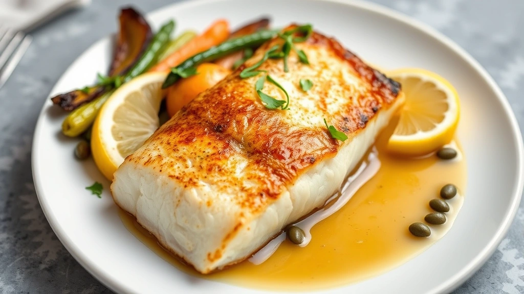Close-up of a perfectly seared halibut fillet with crispy golden skin, accompanied by roasted seasonal vegetables, brown butter sauce with capers, fresh lemon wedges, and microgreens garnish on a modern white plate