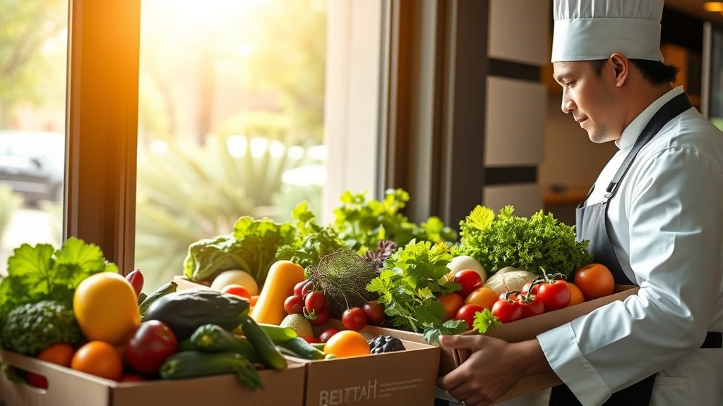 Professional chef receiving fresh produce delivery at restaurant back door, colorful organic vegetables in boxes, morning light, focused inspection of quality