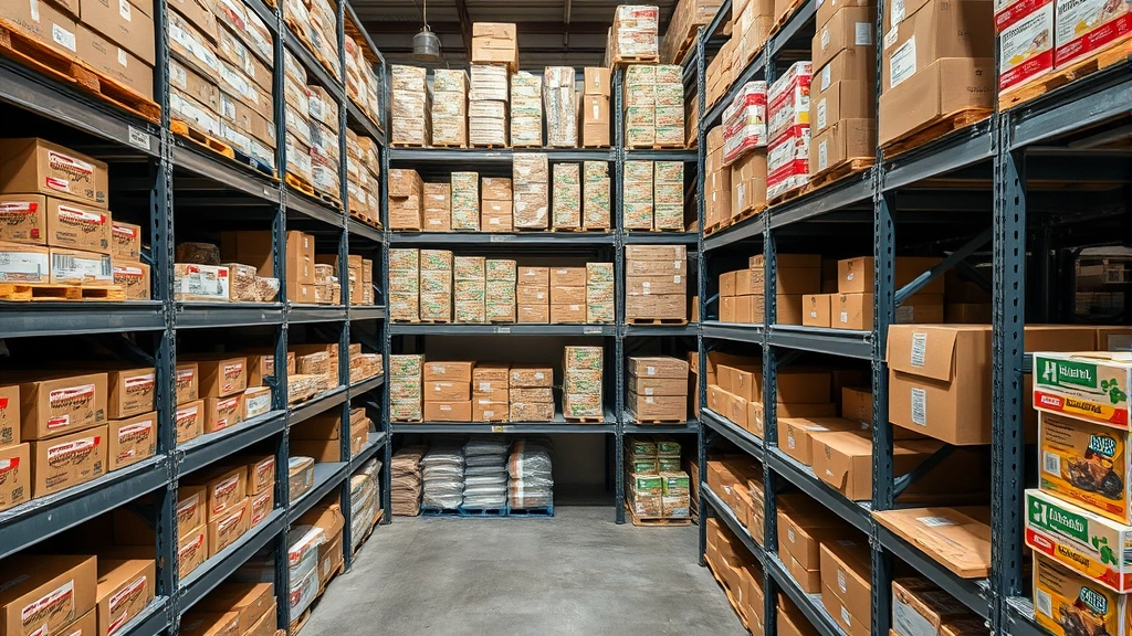 Overhead view of organized warehouse shelving with neatly stacked food service products, boxes of proteins and ingredients, industrial kitchen storage facility