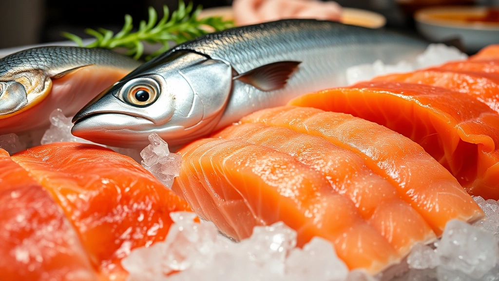 Close-up of premium fresh seafood on ice, salmon fillets and whole fish with glistening appearance, restaurant-quality presentation, professional food photography