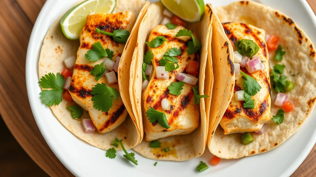 Close-up overhead shot of three grilled fish tacos on white ceramic plate with lime wedges, fresh cilantro, diced onions, and vibrant salsa verde, natural soft lighting from window