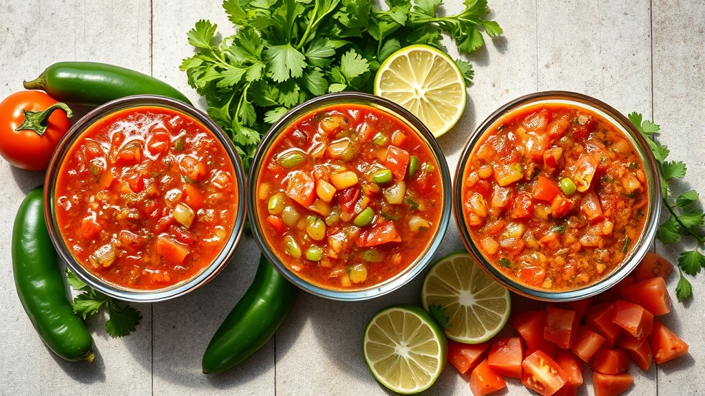 Artisanal display of three different house-made salsas in glass bowls with fresh jalapeños, cilantro, lime, and diced tomatoes beside them, bright daylight photography