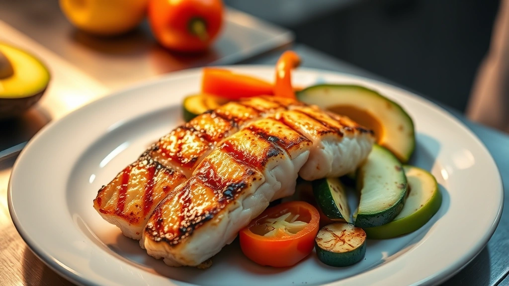 Perfectly seared mahi-mahi fillet with golden-brown char being plated with grilled zucchini, bell peppers, and fresh avocado slices, professional kitchen lighting