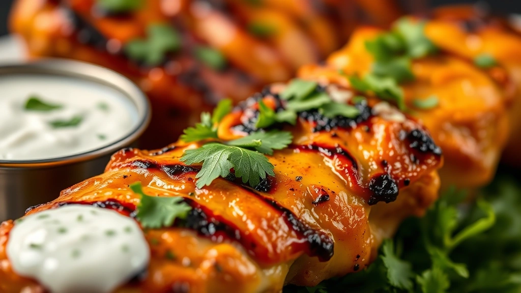Close-up of perfectly charred tandoori chicken tikka with fresh cilantro garnish and creamy yogurt sauce, steam rising, golden-brown exterior with smoky char marks, professional food photography, shallow depth of field