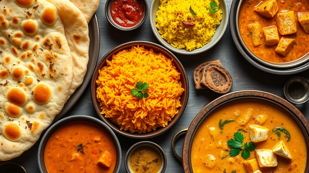 Overhead flat-lay of Indian feast spread: golden naan bread with garlic butter, vibrant saffron rice, creamy paneer curry in traditional bowl, small bowls of chutneys and spices, warm ambient lighting, rich colors