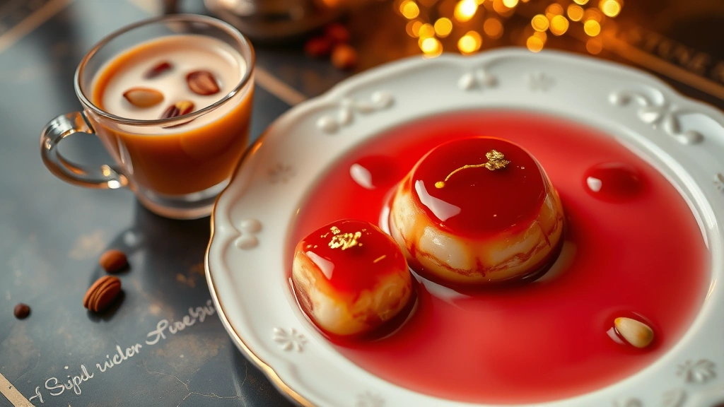 Elegant plating of gulab jamun dessert in rose syrup with edible gold leaf, accompanied by small glass of masala chai with milk swirl, garnished with pistachios and almonds, luxury presentation, warm golden lighting