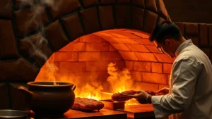 Golden-lit tandoor oven with glowing embers, traditional clay vessel, aromatic smoke rising, professional chef in white chef coat preparing tandoori meats with focused precision, warm ambient lighting highlighting intricate details