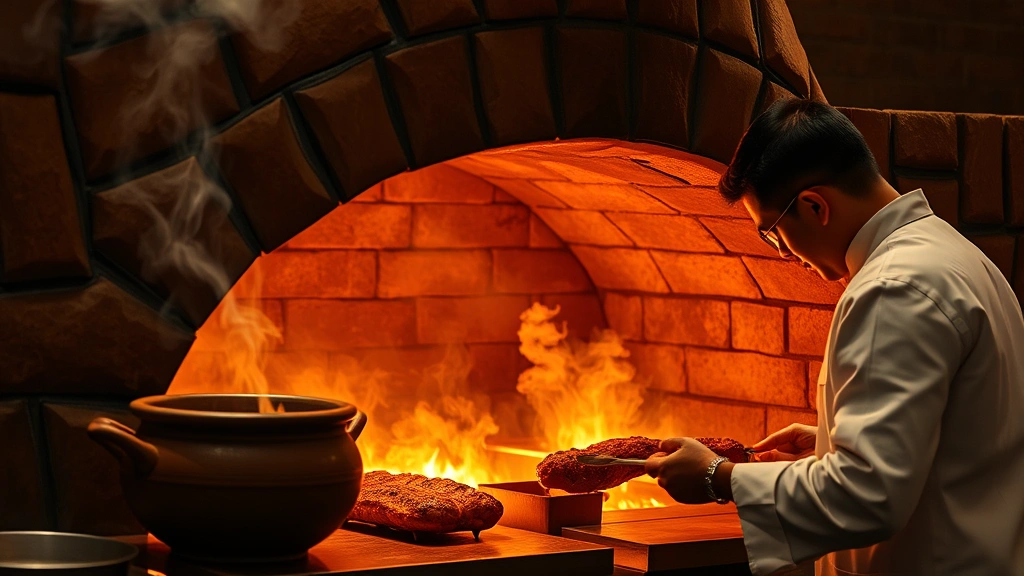 Golden-lit tandoor oven with glowing embers, traditional clay vessel, aromatic smoke rising, professional chef in white chef coat preparing tandoori meats with focused precision, warm ambient lighting highlighting intricate details