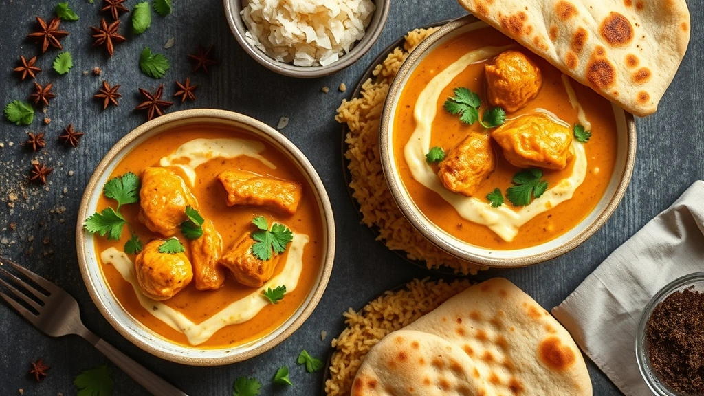 Overhead flat lay of steaming bowls of rich butter chicken curry with cream-colored sauce, fresh cilantro garnish, golden basmati rice, warm naan bread with char marks, whole spices scattered artfully, warm golden hour lighting