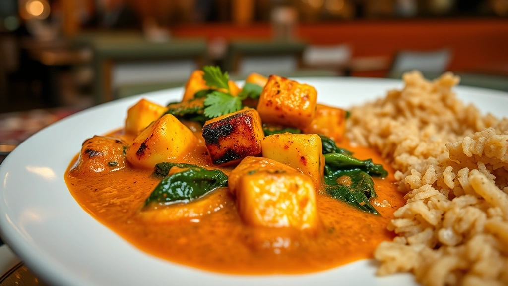 Elegantly plated paneer tikka masala with creamy tomato-based sauce, fresh spinach, perfectly charred paneer cubes, micro cilantro garnish, warm spiced rice on side, soft focus restaurant interior with warm lighting in background