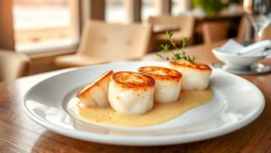 Perfectly seared scallops with golden crust on elegant white plate, lemon beurre blanc sauce with fresh thyme garnish, soft focus coastal restaurant background, natural lighting