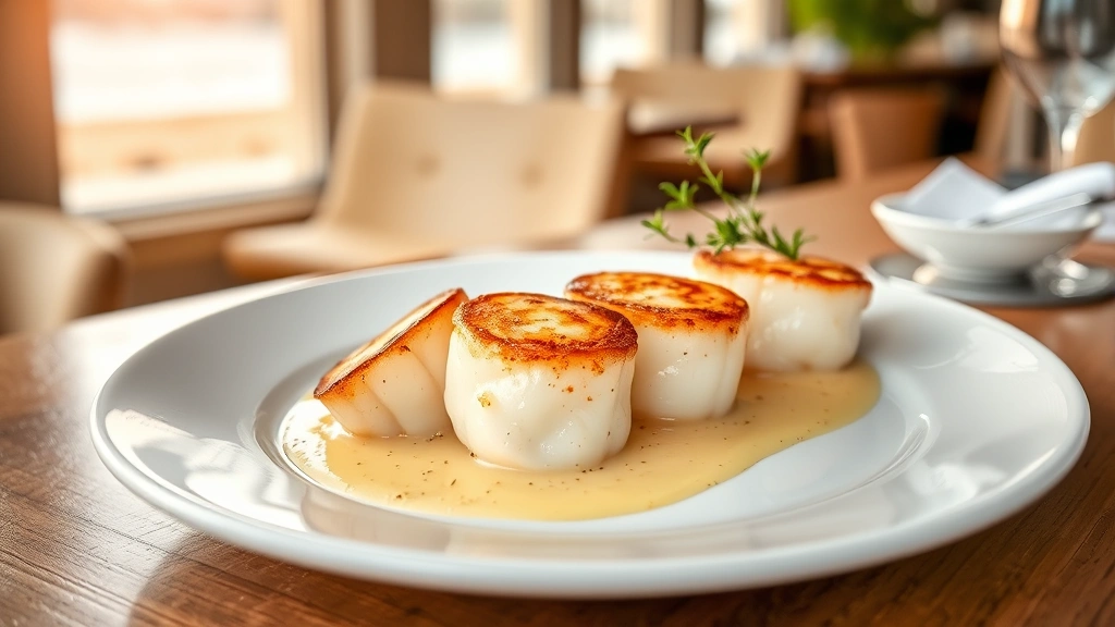 Perfectly seared scallops with golden crust on elegant white plate, lemon beurre blanc sauce with fresh thyme garnish, soft focus coastal restaurant background, natural lighting