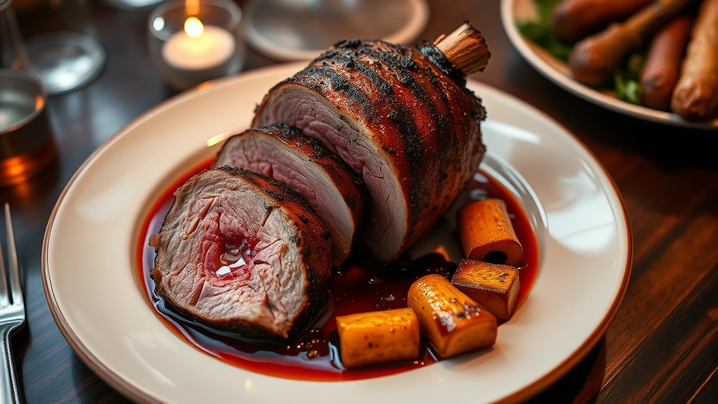 Rare duck breast sliced to reveal perfect medium-rare interior with crispy skin, cherry gastrique sauce artfully plated, roasted root vegetables, fine dining presentation, warm ambient lighting