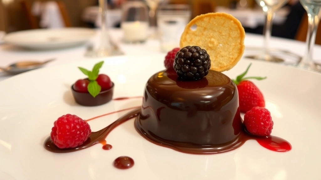 Decadent chocolate dessert with multiple textures including glossy ganache, crispy tuile, fresh berries, gold leaf accent, professional plating on white ceramic, restaurant dining room ambiance
