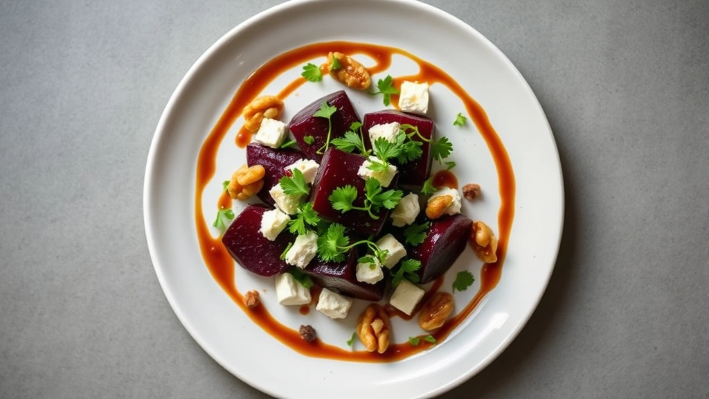 Overhead view of an artfully plated roasted beet composition with microgreens, goat cheese crumbles, candied walnuts, and balsamic reduction on white ceramic plate, natural lighting from above