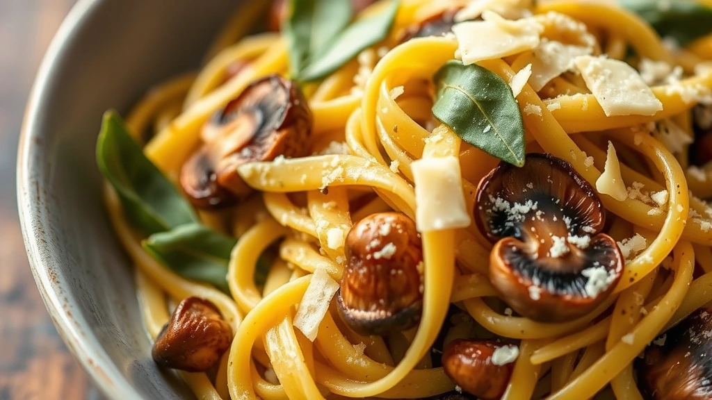 Close-up of fresh handmade tagliatelle pasta draped in brown butter sauce with sage leaves and wild foraged mushrooms, garnished with parmesan shavings, shallow depth of field