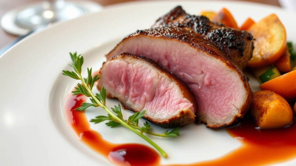 Beautifully seared duck breast with perfect medium-rare interior, crispy mahogany skin, accompanied by cherry gastrique sauce and seasonal vegetables on fine dining plate