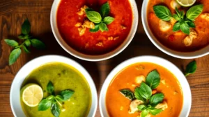 Overhead shot of three traditional Thai curry bowls with vibrant green, red, and panang sauces, garnished with fresh Thai basil, cilantro, and lime wedges on white ceramic dishes, steaming aromatic curry with visible coconut milk richness, wooden table setting, dramatic warm lighting