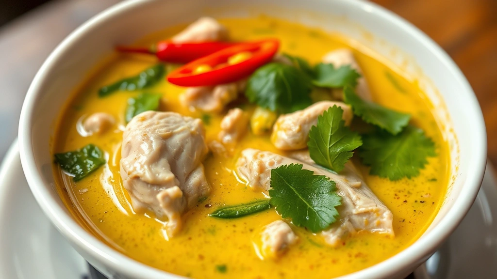 Close-up of Thai green curry in white bowl showing creamy coconut sauce coating tender chicken pieces, fresh green chilies, kaffir lime leaves, and Thai basil floating in silky sauce, garnished with red chili slices and cilantro, shallow depth of field, restaurant lighting