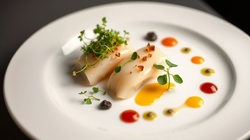 Artfully plated fine dining dish with microgreens, sauce dots, and garnishes on white ceramic plate, soft studio lighting, shallow depth of field, photorealistic food photography
