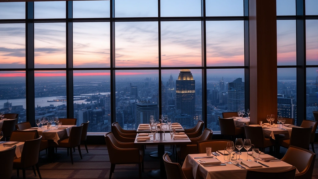 Elegant restaurant dining room with floor-to-ceiling windows overlooking city skyline at dusk, modern minimalist interior design, ambient lighting, sophisticated upscale atmosphere, place settings visible