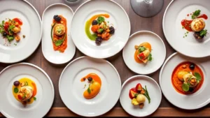 Overhead shot of elegantly plated eight-course tasting menu progression, featuring vibrant colors, garnishes, and artistic presentation on white ceramic plates