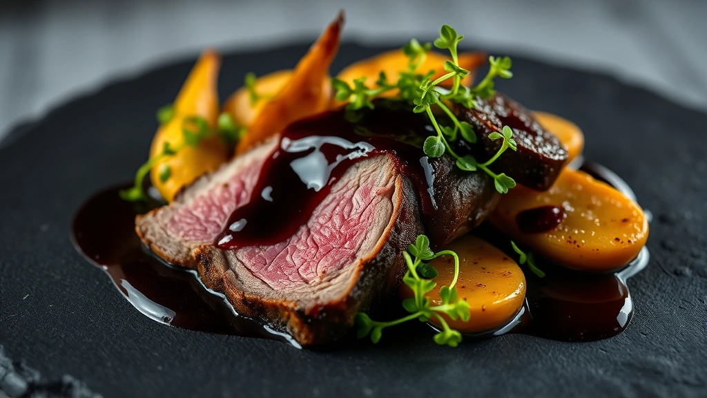 Close-up of perfectly seared duck breast with cherry gastrique reduction, roasted parsnips, and microgreens on a dark slate plate with dramatic lighting
