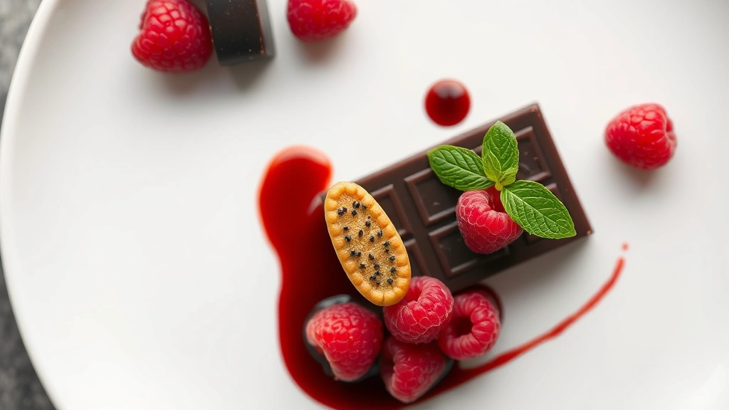 Overhead view of composed dark chocolate and raspberry dessert with black pepper tuile, fresh berries, and gold leaf accents on minimalist white plate