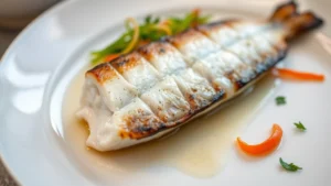 Close-up of perfectly seared halibut fillet with crispy skin, glistening with butter, accompanied by vibrant green fermented vegetables and delicate herb garnish on white ceramic plate