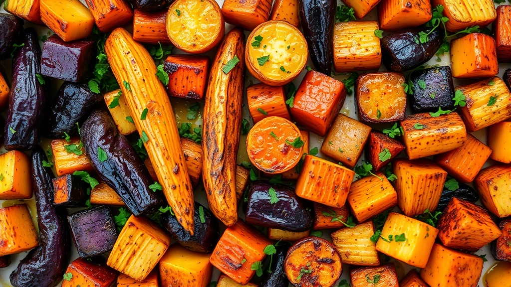 Overhead view of roasted root vegetables in various colors—purple, golden, orange—caramelized and arranged with precision, drizzled with herb-infused oil and scattered microgreens