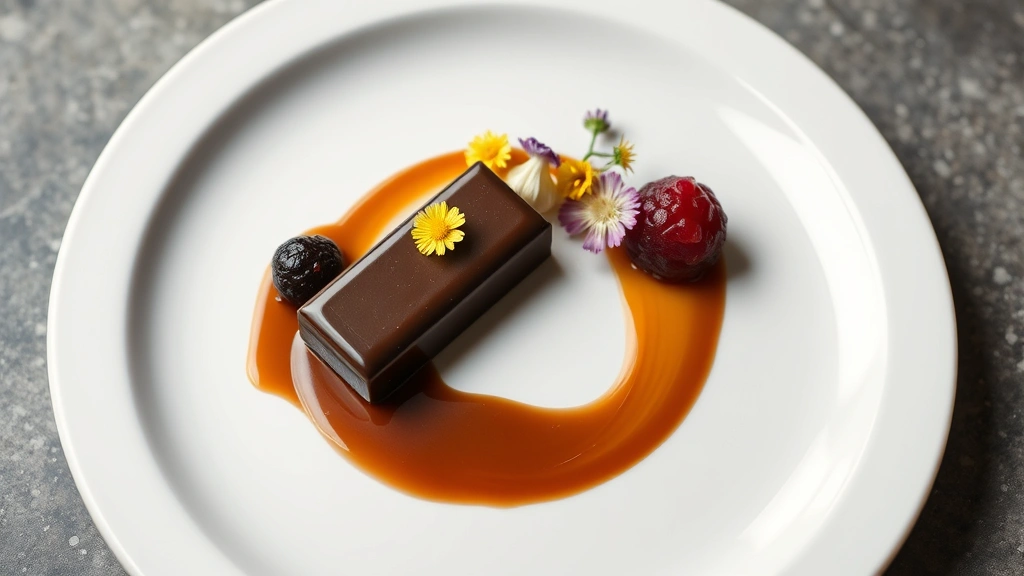 Artfully plated chocolate dessert featuring glossy single-origin chocolate component, accompanied by miso caramel swirl, fermented berry compote, and edible flowers on minimalist white plate