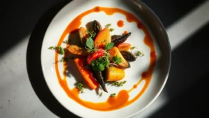 Overhead view of an elegantly plated gourmet dish featuring vibrant seasonal vegetables, herb microgreens, and artistic sauce work on a white ceramic plate, dramatic moody lighting with shadows, fine dining presentation style