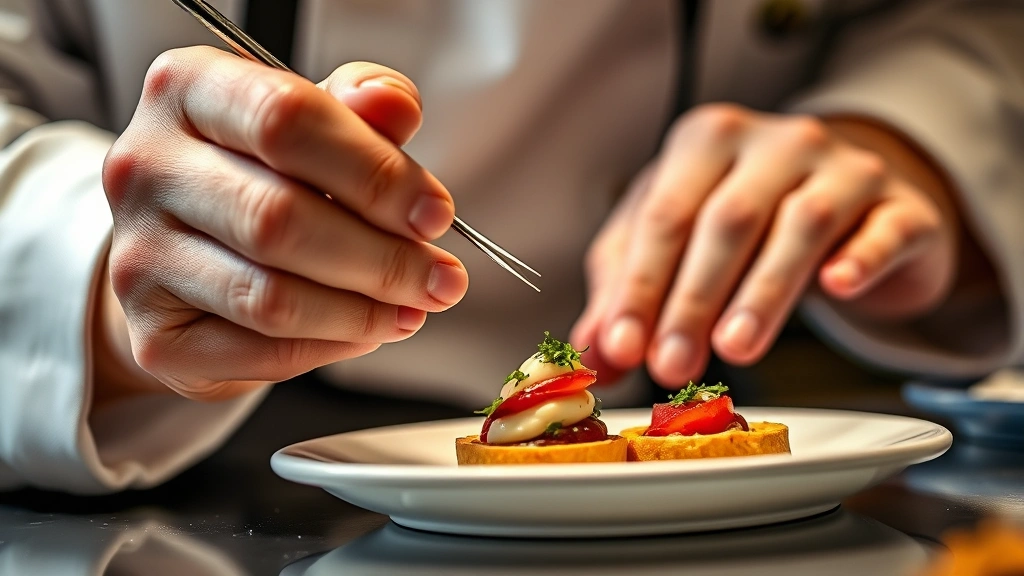 Close-up of a chef's hands carefully garnishing a sophisticated appetizer with tweezers, showing precision and skill, warm kitchen lighting, professional culinary technique demonstration