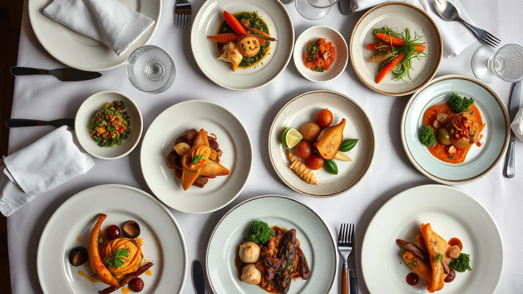Richly textured overhead shot of a multi-course tasting menu progression with small plates displaying diverse cuisines, contrasting colors and heights, luxurious table setting with cloth napkins and proper stemware