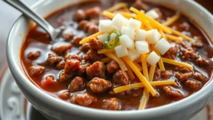 Steaming bowl of rich, dark chili with ground beef, topped with melted cheddar cheese and fresh onions, glossy surface reflecting warm light, served in white ceramic bowl with spoon