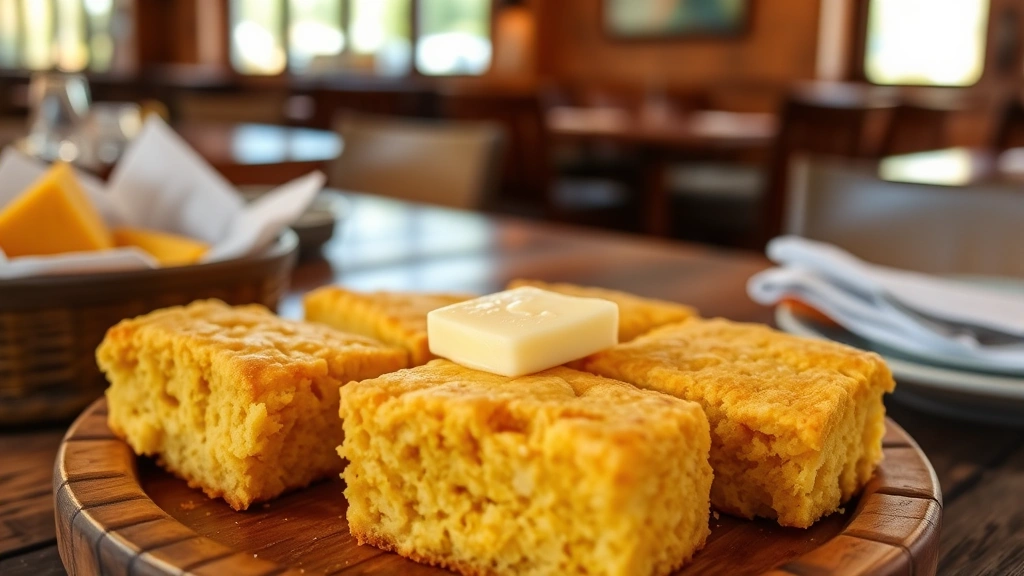 Rustic wooden table setting with warm cornbread pieces, crumbly golden texture, fresh butter melting on top, soft natural window lighting, cozy restaurant ambiance