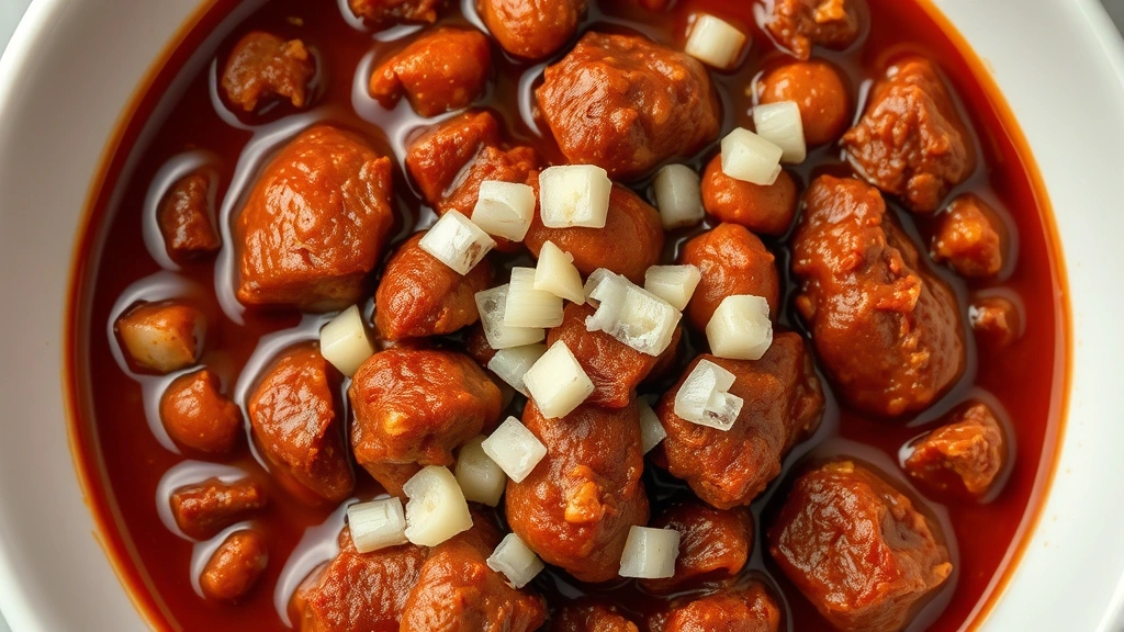 Close-up overhead shot of chili in white bowl showing tender meat pieces, deep burgundy-brown color, aromatic steam rising, garnished with diced white onions and cheese, artisanal plating