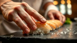Close-up of sushi chef's hands expertly molding sushi rice with precise finger pressure, showing the delicate technique and skill involved in nigiri preparation, warm restaurant lighting highlighting the rice texture