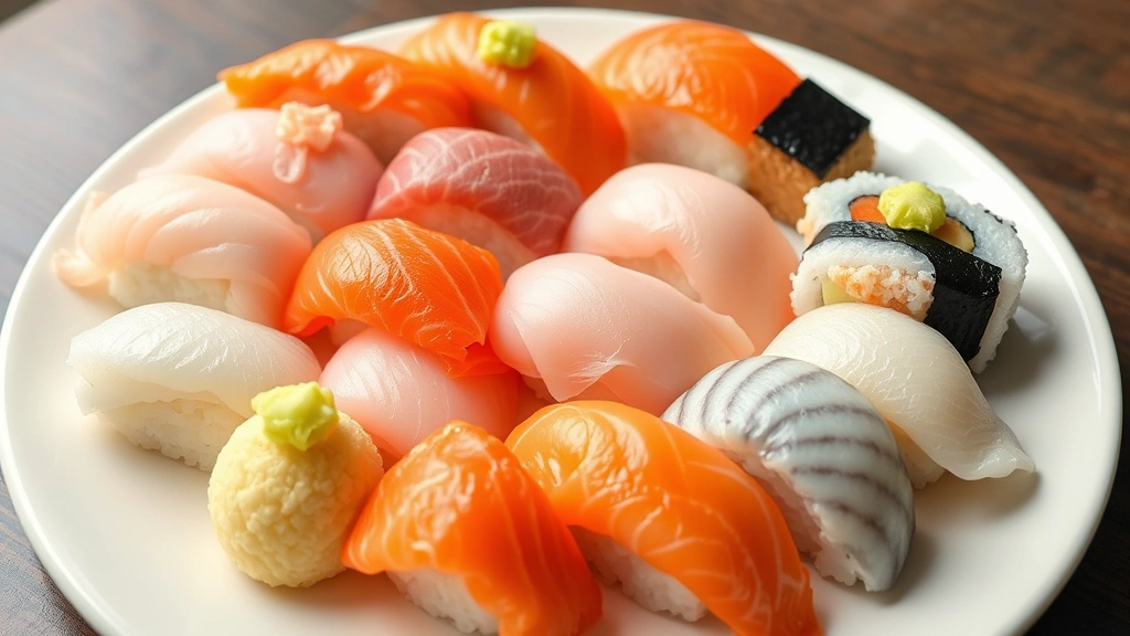 Artistic arrangement of various nigiri sushi pieces on a white ceramic plate, displaying different fish varieties with visible color gradations from pale white fish to rich salmon and marbled toro, garnished minimally with wasabi