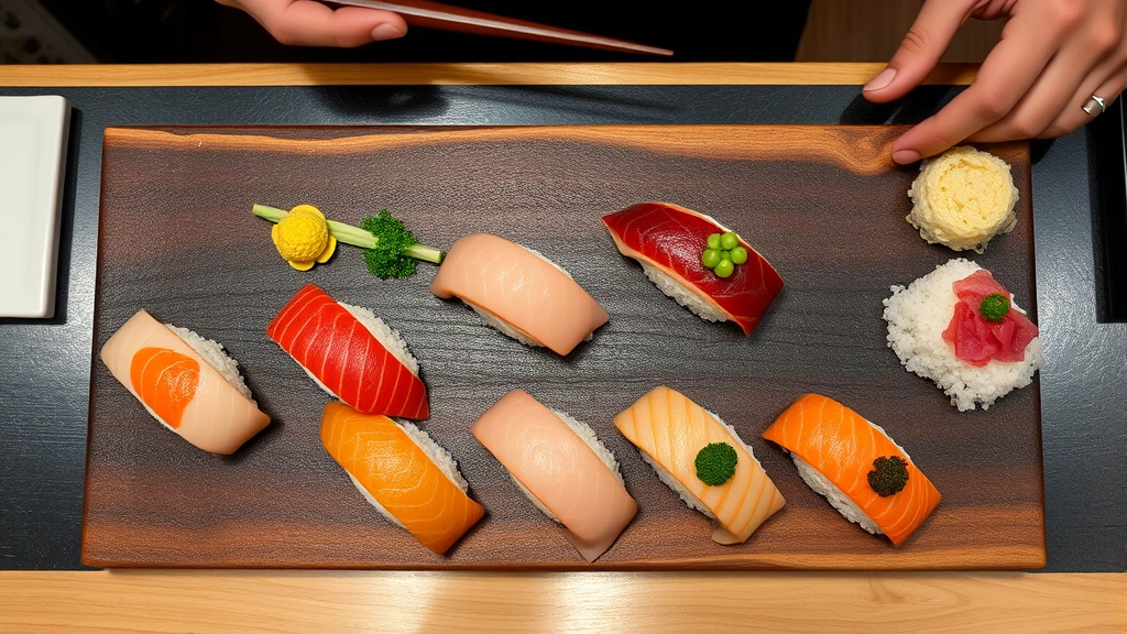 Overhead view of omakase progression showing multiple pieces of sushi at different stages, featuring fresh fish, carefully arranged rice, and subtle garnishes on traditional wooden sushi board, professional restaurant counter setting