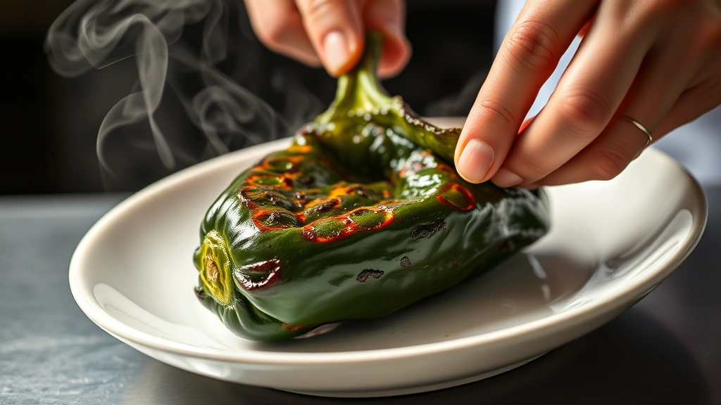 Freshly charred poblano pepper being carefully peeled by chef hands over steaming white plate, visible char marks and blistered skin, wisps of steam rising, natural kitchen lighting, photorealistic detail showing technique