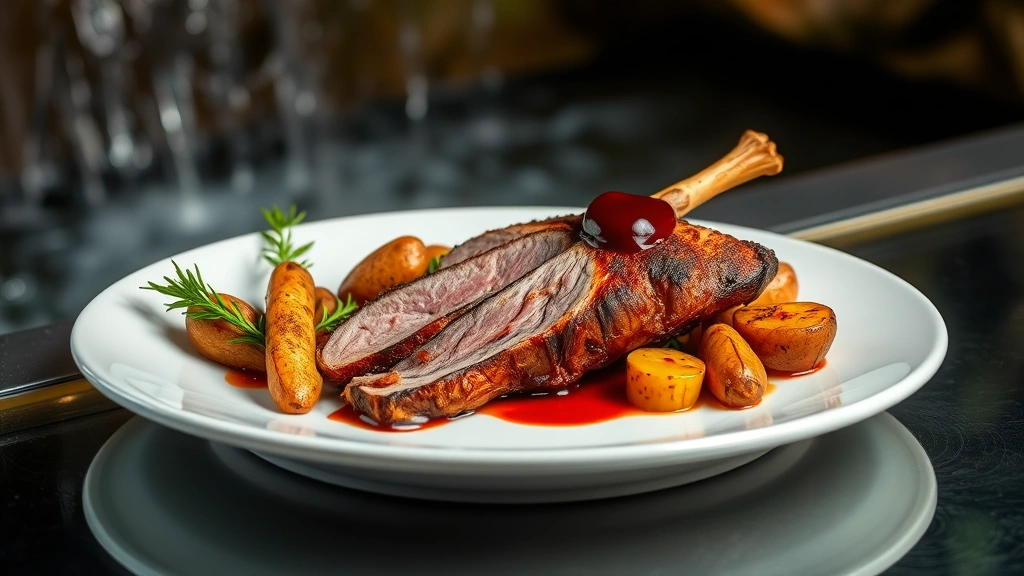 Perfectly seared duck breast with crispy rendered skin, garnished with cherry gastrique reduction and roasted root vegetables including parsnips and fingerling potatoes, plated on white ceramic against soft waterfall backdrop lighting
