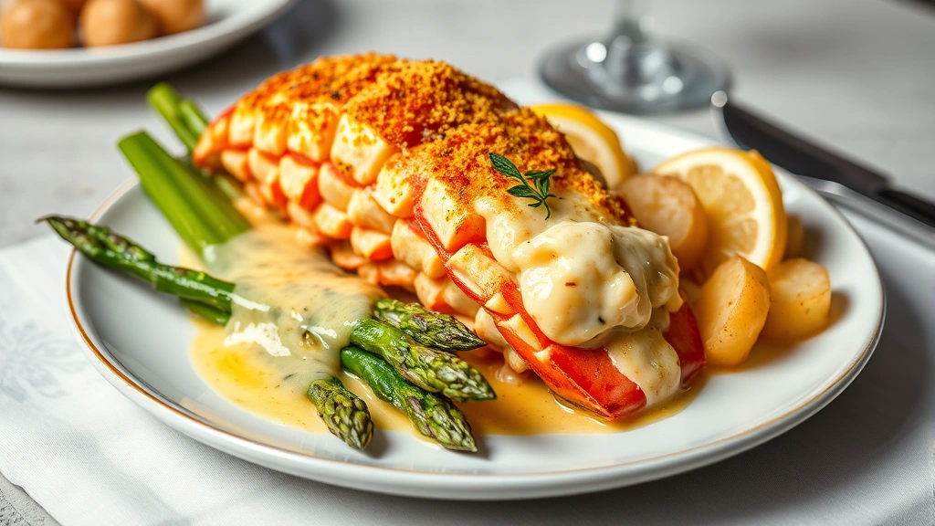 Luxurious lobster thermidor with brandy-saffron cream sauce, golden gratin topping, fresh asparagus spears, and lemon beurre blanc potatoes, elegant plating with fine dining presentation